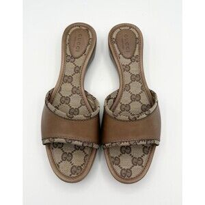 Gucci Leather & Canvas Brown Monogram Sandals w/ Wooden Sole Mule Y2K Sz EU 36.5